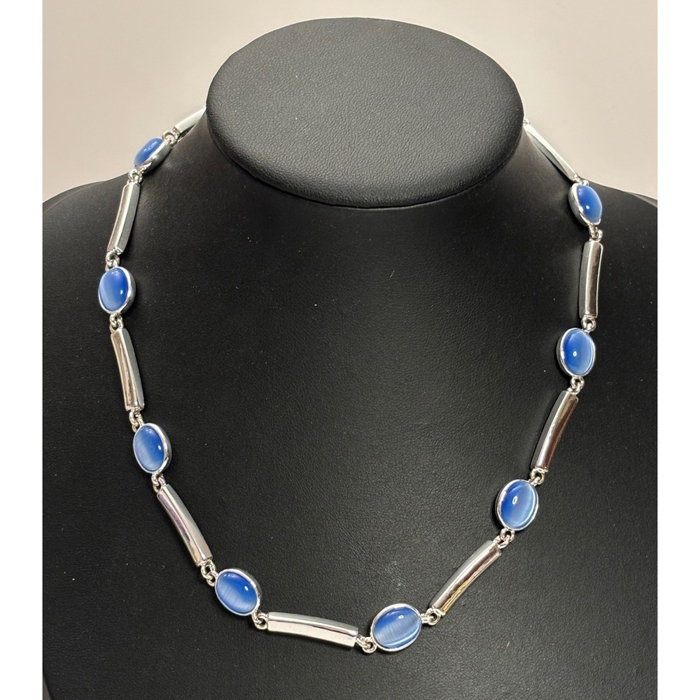 Vintage Silver Tone Modernist Blue Glass Cat Eye Link Necklace 16 Inch